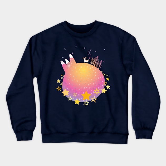 "Home Planet" in teal, pink, and yellow with a ring of yellow stars - a whimsical world Crewneck Sweatshirt by AtlasMirabilis